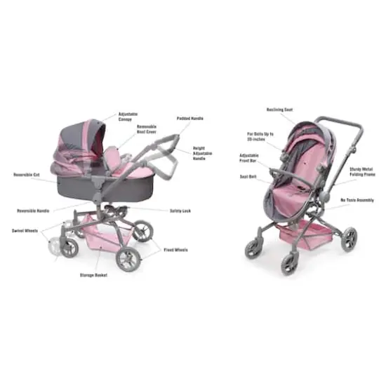 Badger Basket Gray & Pink Daydream Multi-Function Single Doll Pram & Stroller {12}