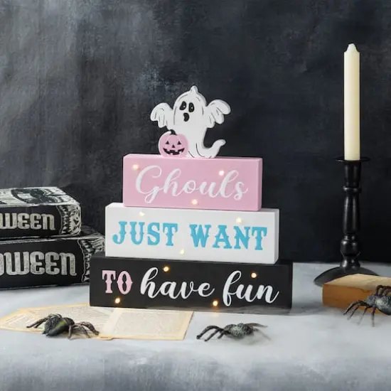Glitzhome® 11.75"H Halloween Lighted Pink Wooden Ghost Block Word Sign {4}
