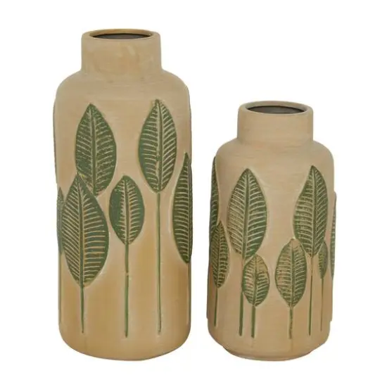 Set of 2 Beige Stoneware Coastal Style Vase, 11", 14" {3}