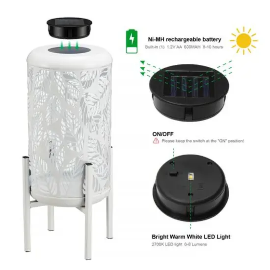 Glitzhome&reg; 14.25" White Metal Cutout Leaves Pattern Solar Powered LED Outdoor Lanterns, 2ct. {8}