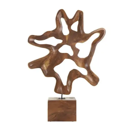 31" Brown Abstract Cutout Teak Wood Sculpture with Block Base {1}