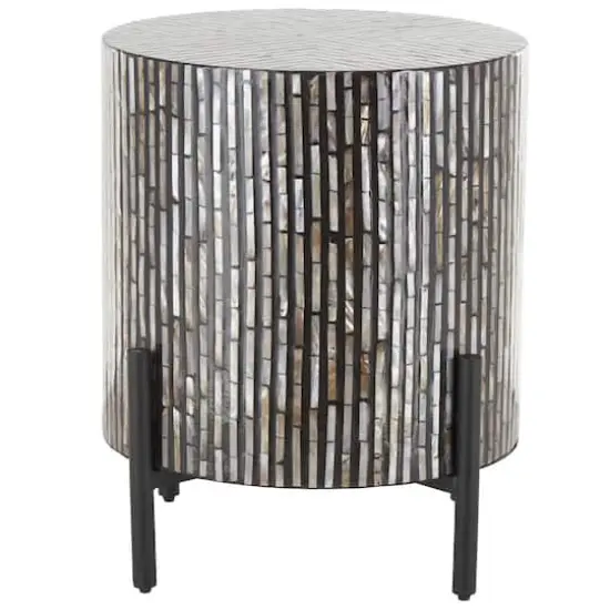 22.25" Multicolor Mother of Pearl Shell Geometric Handmade Inlay Accent Table with Black Legs {1}