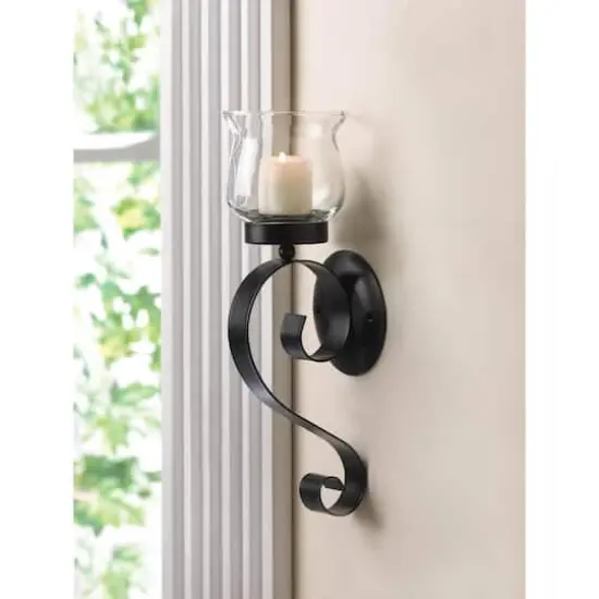 10.5" Black Rustic Iron and Glass Scrolling Candle Holder Wall Sconce {3}
