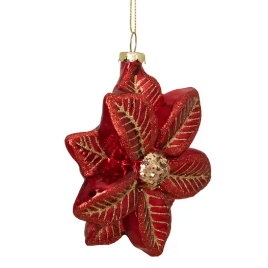Red & Gold Glittery Poinsettia Glass Christmas Ornament {4}