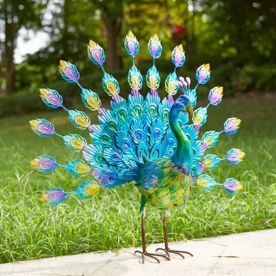 Glitzhome&reg; 28.75" Metal Tail Spread Peacock Garden Statue with Stakes {5}