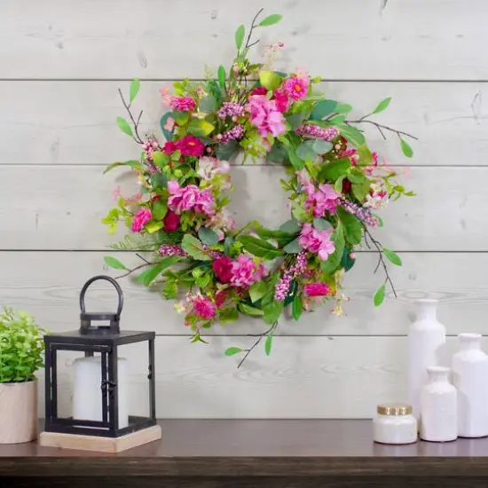 23" Pink Chrysanthemum & Hydrangea Floral Spring Wreath {3}