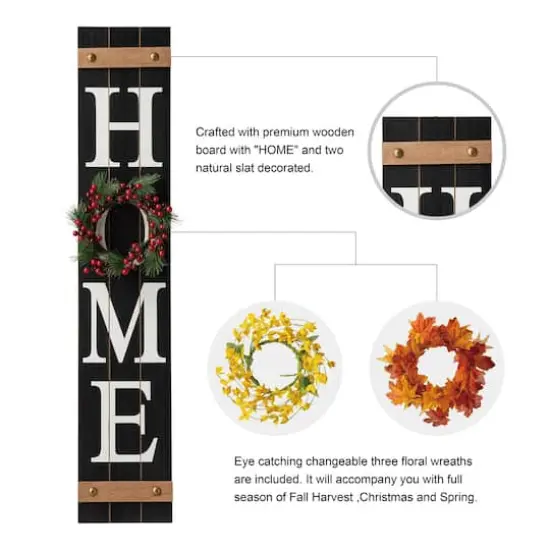 Glitzhome® 42" Black Home Wood Porch Sign with 3 Changeable Wreaths {5}