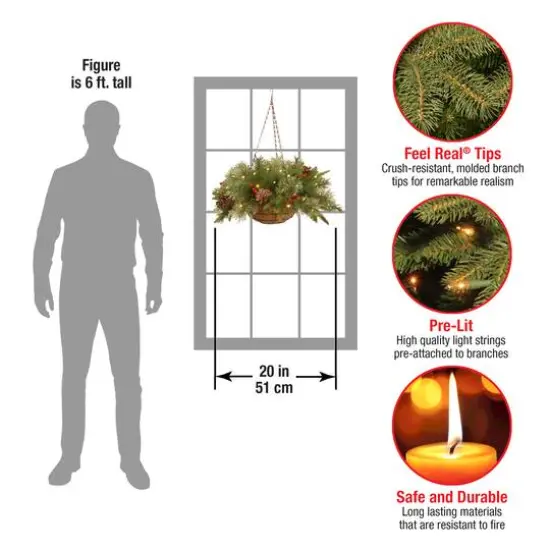 20" Pre-lit Feel Real&reg; Colonial Artificial Christmas Hanging Basket with Cones, Red Berries &50 Warm White Battery Operated LED Lights w/Timer {5}