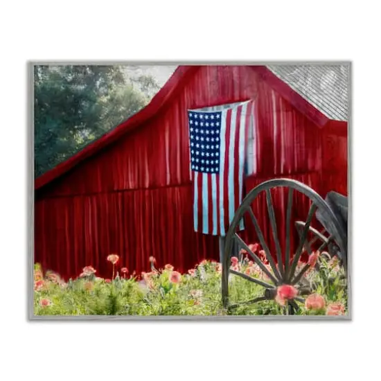 Stupell Industries Red Barn with American Flag Framed Giclee Art Gray {1}