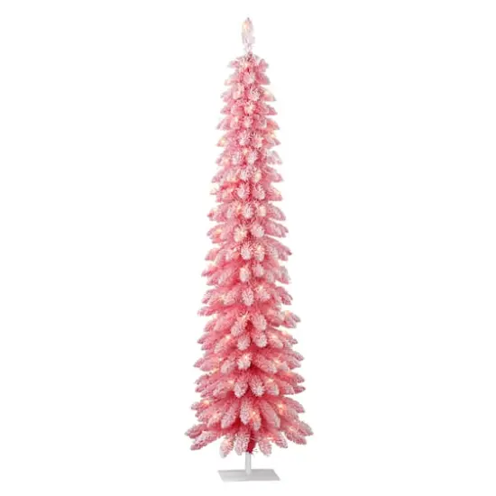 6ft. Pre-Lit Flocked Pink Artificial Alpine Pencil Christmas Tree, Clear Lights {1}