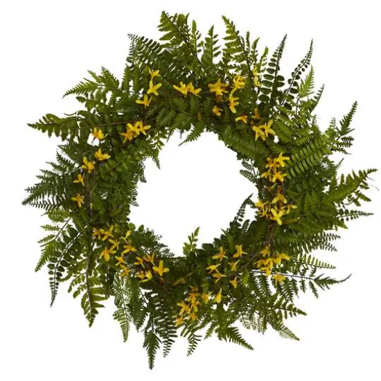 24" Mixed Fern & Forsythia Artificial Wreath {1}