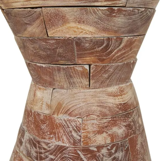 18.5" Brown Teak Wood Handmade Hourglass Accent Table with Stacked Wood Pieces {6}