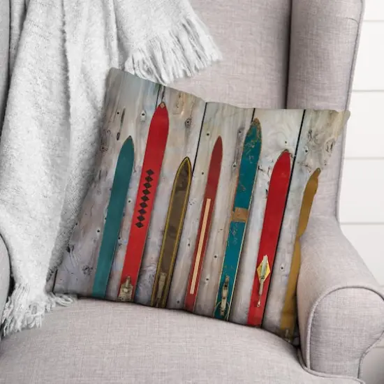 Vintage Skis 18x18 Throw Pillow {3}