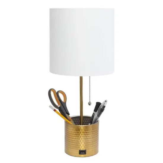Simple Designs 18.5" Hammered Metal Container Base Table Lamp with USB Charging Port White/Gold {8}