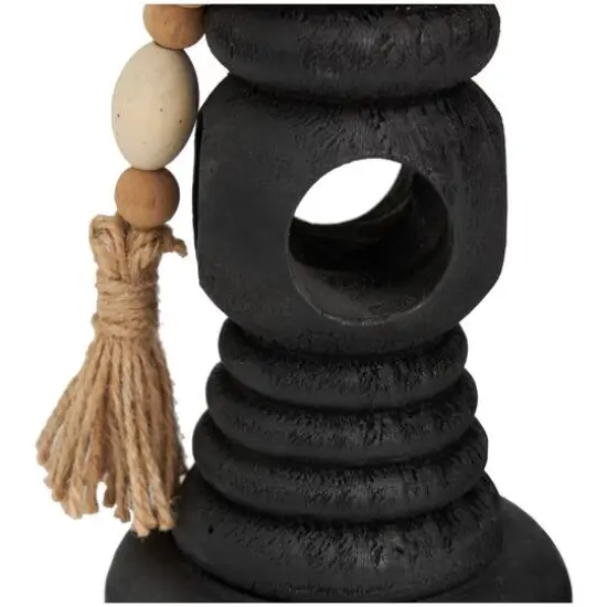 Black Wood Handmade Textured Matte Candle Holder with Beaded Garland Set {6}