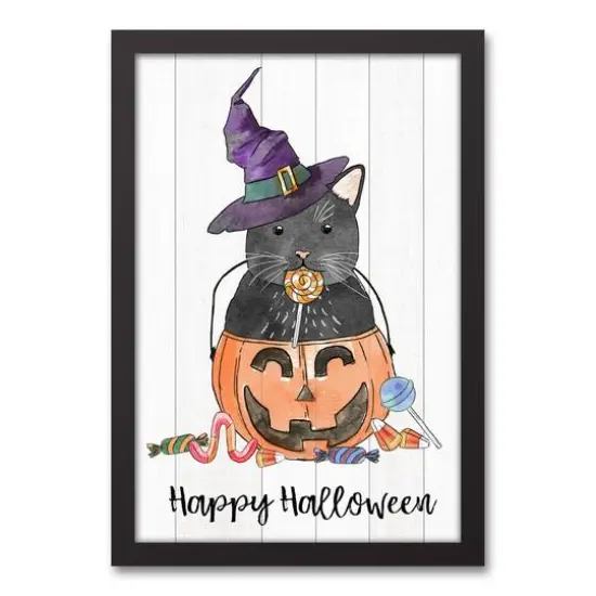 Black Cat Candy Jack-O-Lantern Black Framed Canvas Wall Art {1}