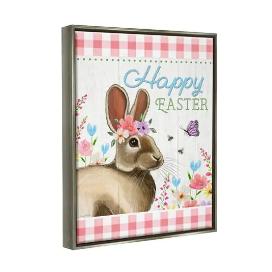 Stupell Industries Happy Easter Floral Gingham Rabbit Floater Framed Art Gray {4}