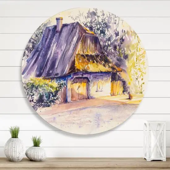 Designart - Old Wooden White House In Country Side Village - Traditional Metal Circle Wall Art {1}