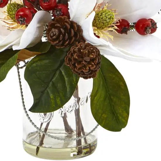 12" Magnolia, Pine & Berry Arrangement in Glass Vase {4}