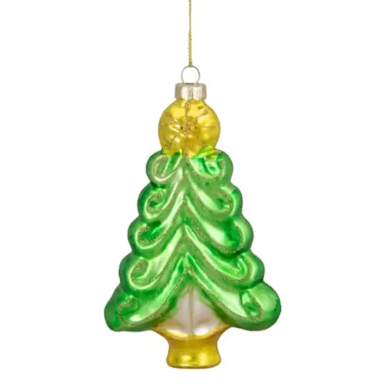 5" Pearl & Glitter Green & Gold Glass Christmas Tree Hanging Ornament {5}