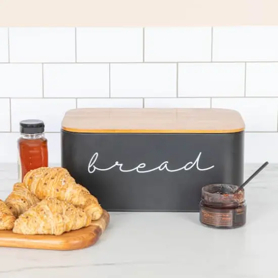 Hello Honey&reg; 11.75" Black Metal Bread Bin with Bamboo Lid {3}