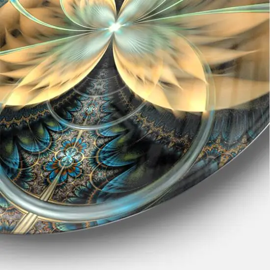 Designart Symmetrical Blue Gold Fractal Flower Modern Wall Clock {4}