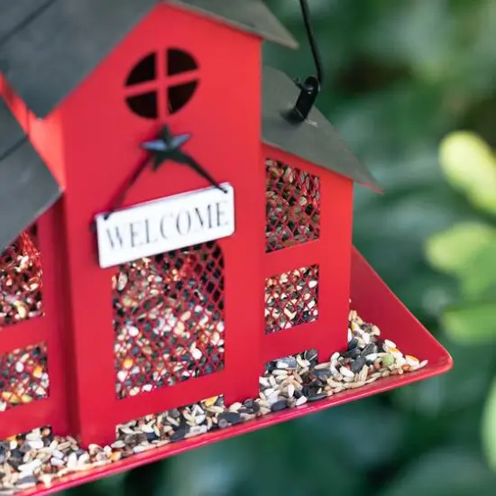 Glitzhome&reg; 12" Red Metal Barn Hanging Bird Feeder {8}