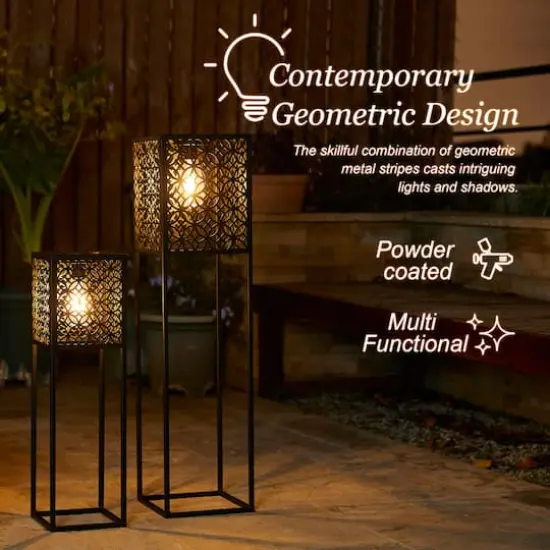 Glitzhome&reg; Black Metal Cutout Pattern Solar Powered Outdoor Floor Lanterns Set {5}