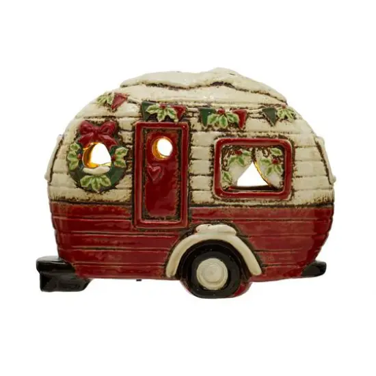 Hello Honey&reg; 7.25" Red, Cream & Green Hand-Painted Stoneware Camper with LED Lights & Reactive Glaze {4}
