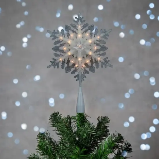 10" Lighted White Frosted Stacked Snowflake Christmas Tree Topper, Clear Lights {3}