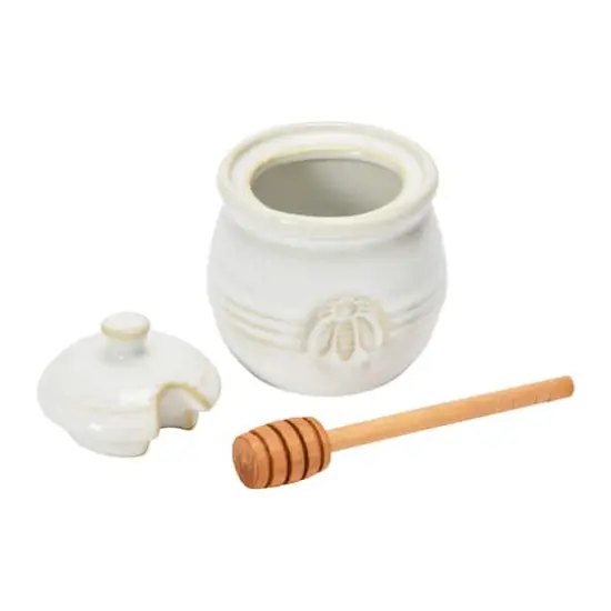 Hello Honey&reg; 3.5" White Ceramic Honey Bee Pot & Wood Dipper {2}