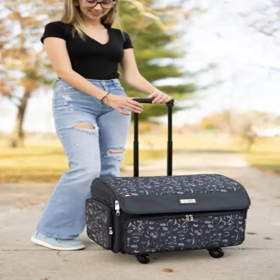 Everything Mary Pink & Gray Floral 4 Wheel Collapsible Deluxe Sewing Machine Storage Case {9}