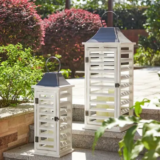 Modern Farmhouse White Wooden Shutter Lantern Set, 25.5" & 19" {5}