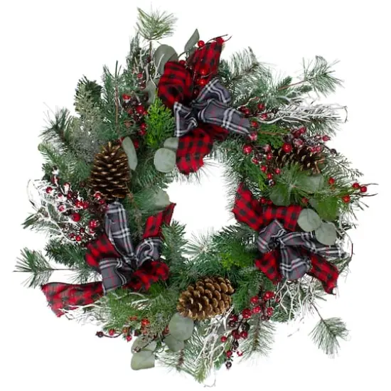 24" Flocked Dual Plaid And Berries Artificial Wreath {1}