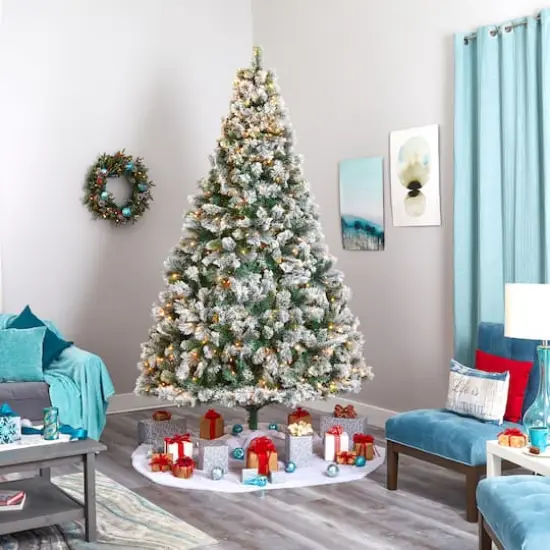 9ft. Pre-Lit Flocked Oregon Pine Artificial Christmas Tree, Clear LED Lights {7}