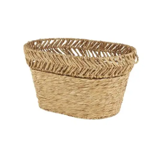 30" Brown Seagrass Handmade Woven Oval Storage Basket with Zig Zag Patterned Rim {7}