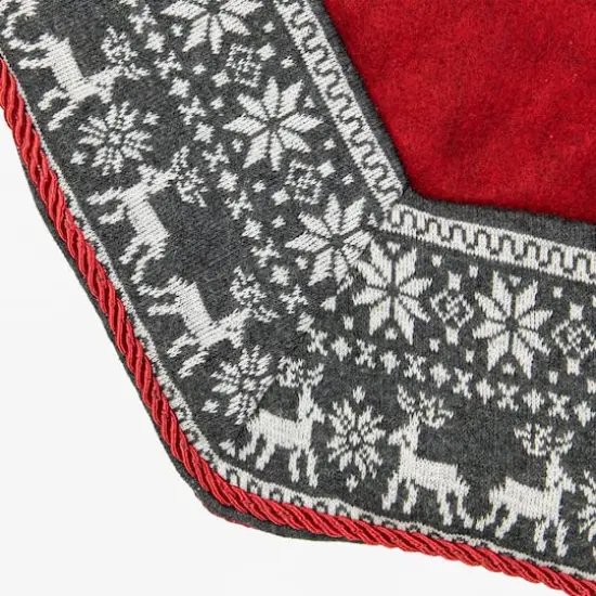 50" Red Heptagon with Gray & White Snowflakes & Reindeer Knit Border Christmas Tree Skirt {7}