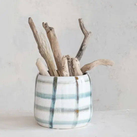 Hello Honey&reg; 7.5" Multicolor Round Grid Pattern Stoneware Planter {4}