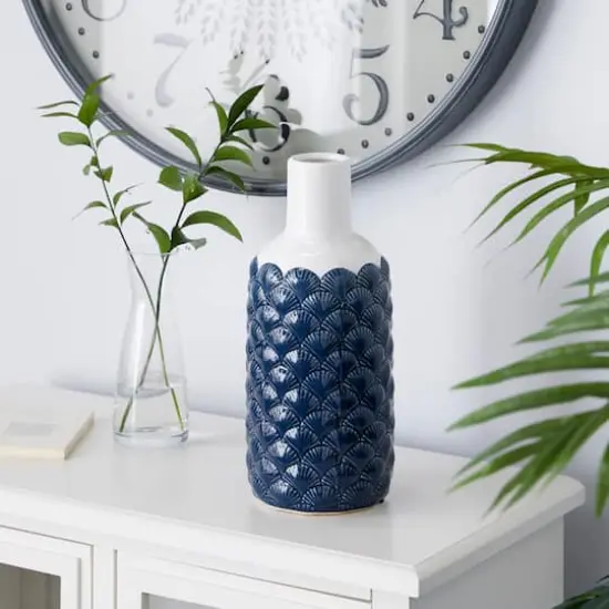 Blue Ceramic Coastal Vase, 13" x 6" x 6" {7}