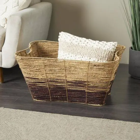 30" Brown Seagrass Handmade Oversized Color Block Storage Basket with Slot Handles {9}