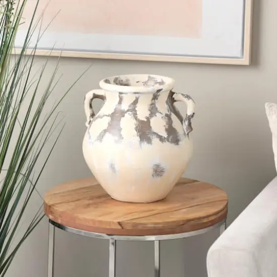 13" Cream Ceramic Vase with Curved Handles {9}