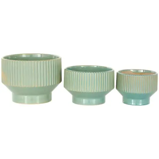 Linear Grooves Wide Ceramic Planter Set Green {8}