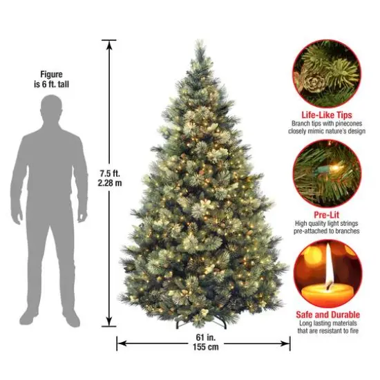 7.5 ft. Pre-lit Hinged Carolina Pine Full Artificial Christmas Tree, Clear Lights {7}