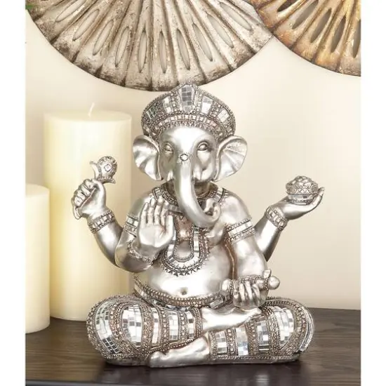 12" Silver Polystone Ganesh Meditating Sculpture {9}