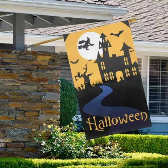 Spooky House Halloween Outdoor Garden Flag with Bats & Witch, 20" x 48" {4}