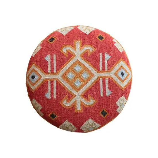 Hello Honey&reg; 24" Round Orange Cotton & Wool Kilim Stool with Natural Wood Legs {6}