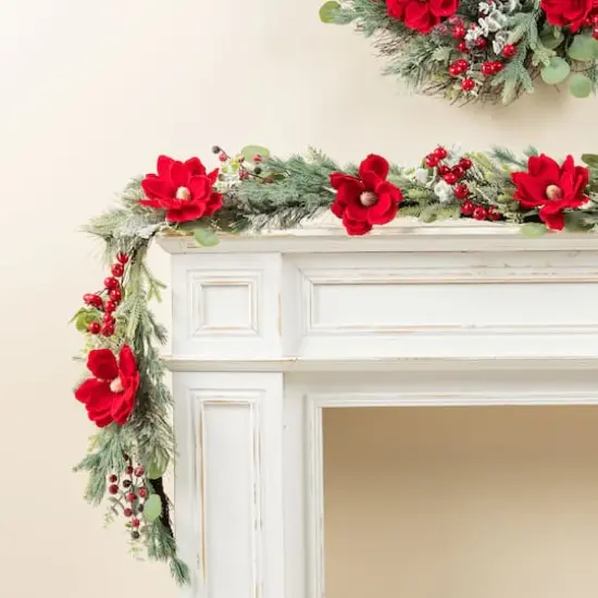 Glitzhome&reg; 6FT Christmas Red Mangnolia & Berry Garland {3}