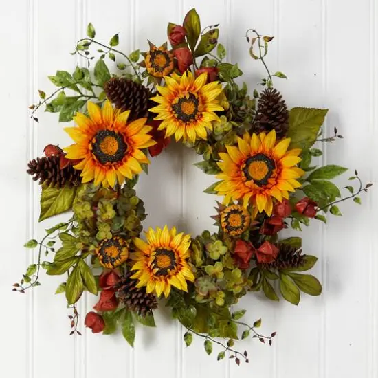 26" Hydrangea, Sunflower & Pinecones Artificial Autumn Wreath {4}