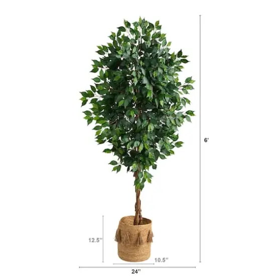 6ft. Ficus Artificial Tree with Natural Trunk in Handmade Natural Jute Planter with Tassels {3}