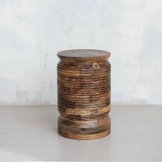 Hello Honey® Natural Round Mango Wood Carved Line Stool Table {4}